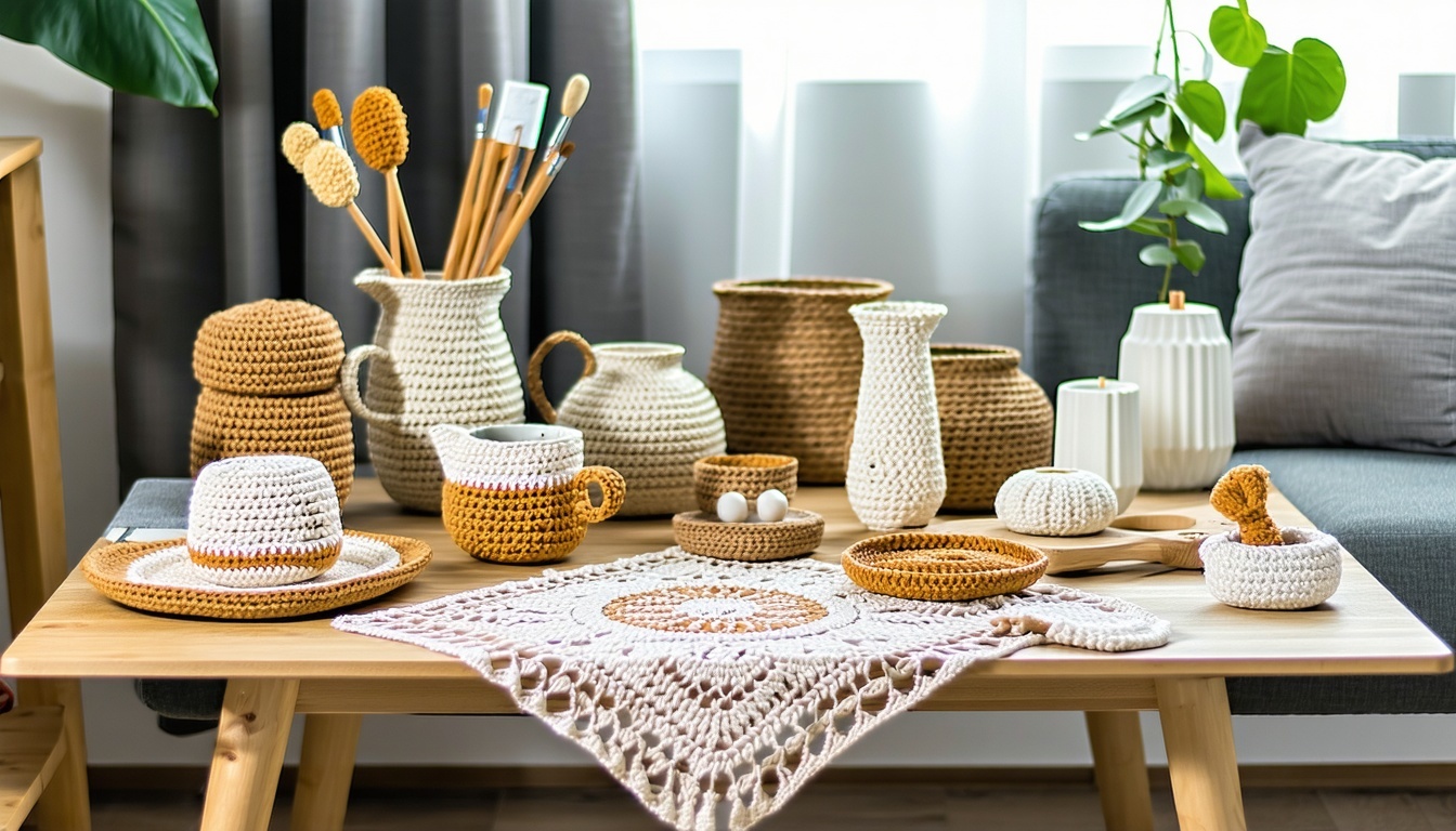 Handmade crochet home decor items arranged on a cozy table