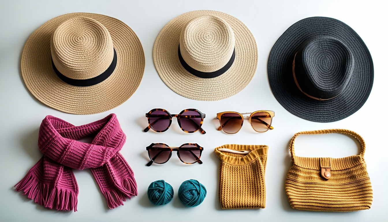 Stylish crochet accessories including hats, scarves, and bags