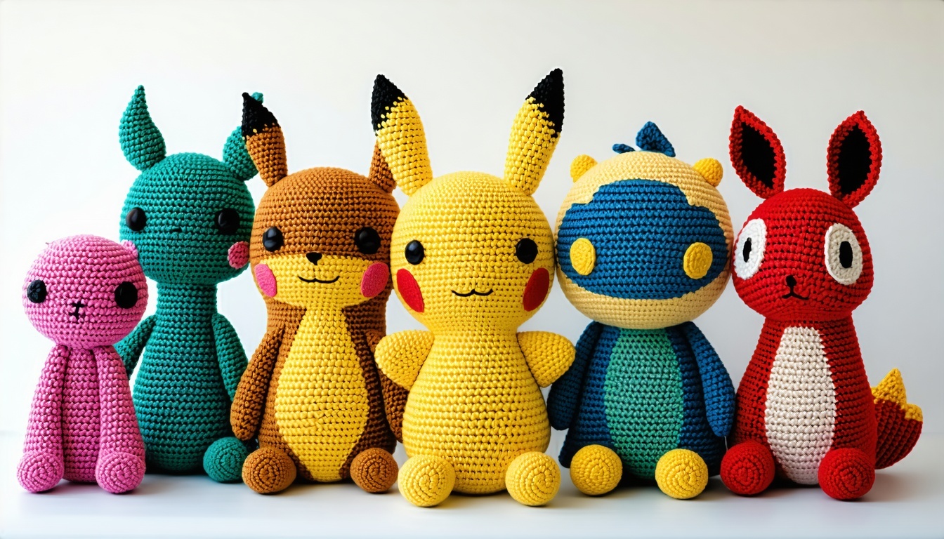 A collection of colorful crochet plushies displayed together