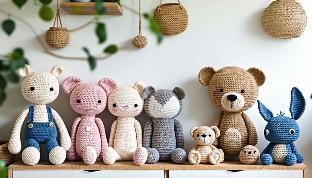Handmade crochet decor and plushies displayed together
